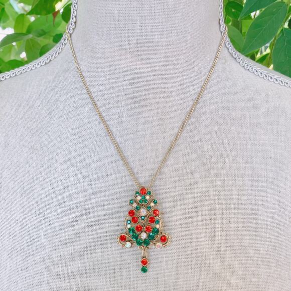Vintage Gold Tone Christmas Tree Necklace Mid Century Rhinestone AB Sparkling - Picture 11 of 12